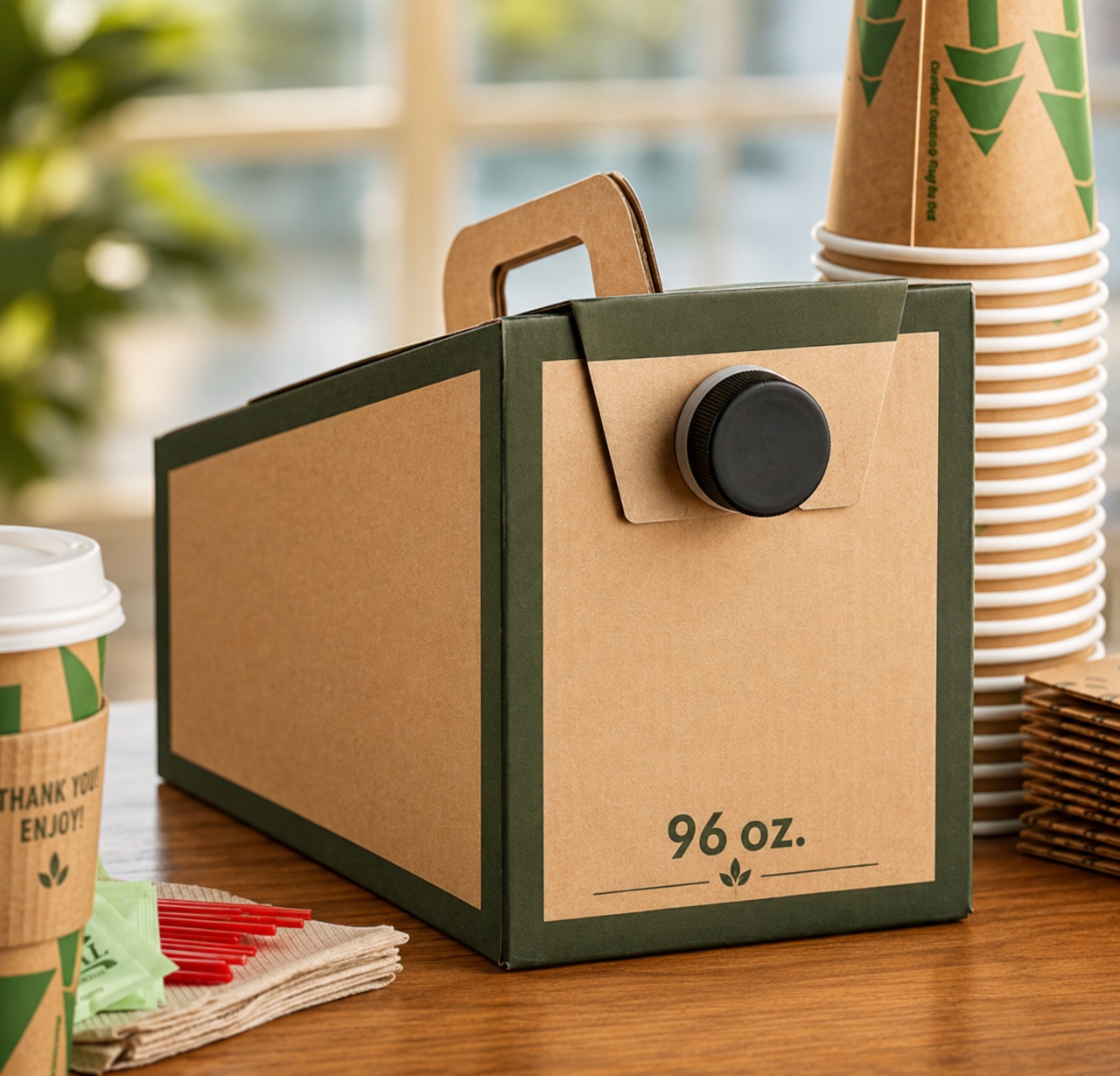 Nomad Cafe 96 oz Coffee To-Go Box with stacked paper cups